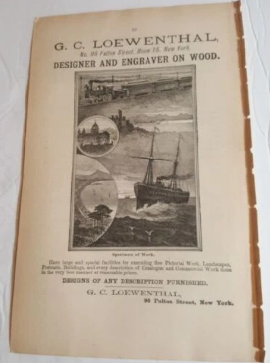 1884 Print Picture AD G. C. Loewenthal Designer Engraver On Wood Fulton St NYC