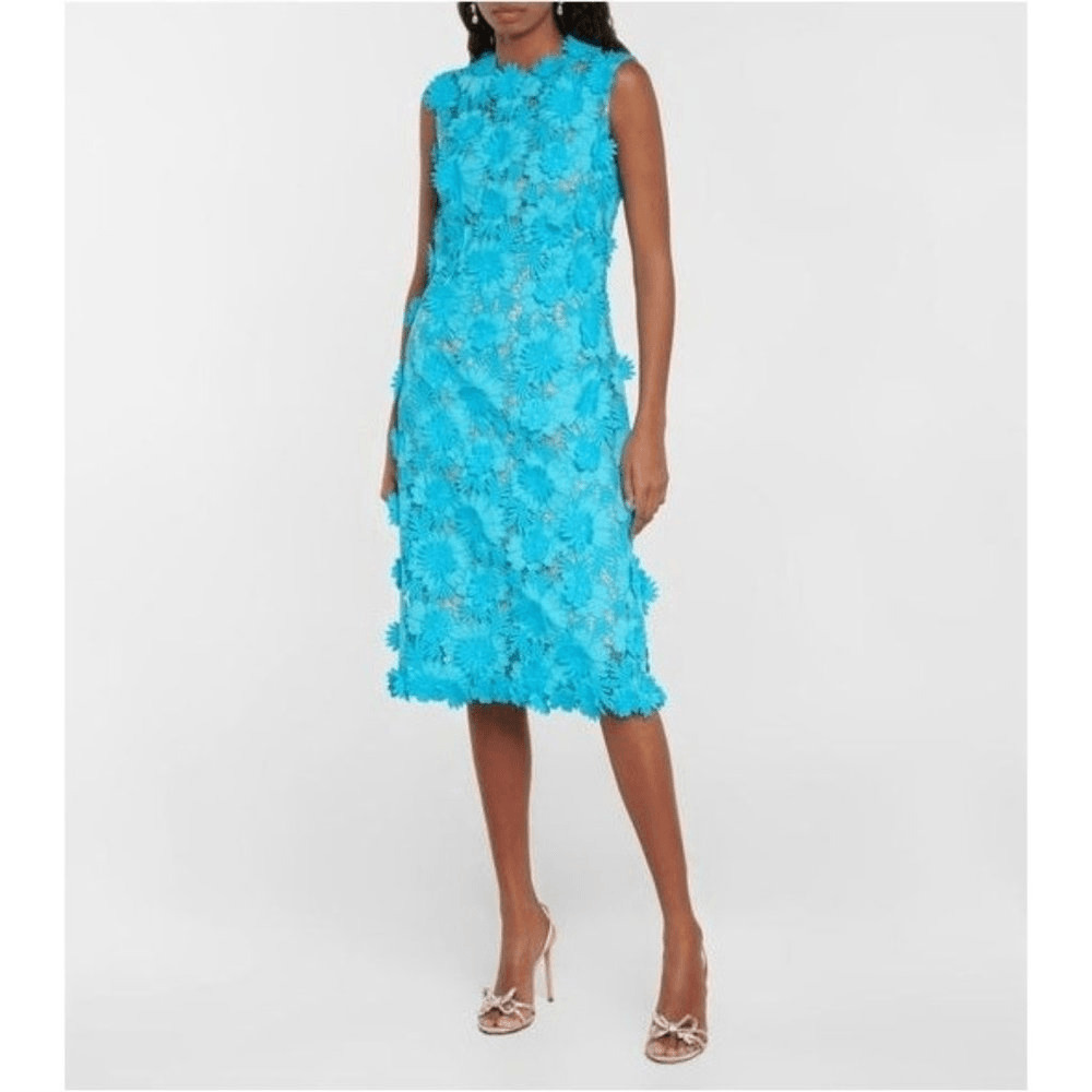 NEW Oscar de la Renta Size 0 $2,990 Blue Floral Lace Applique Midi Dress