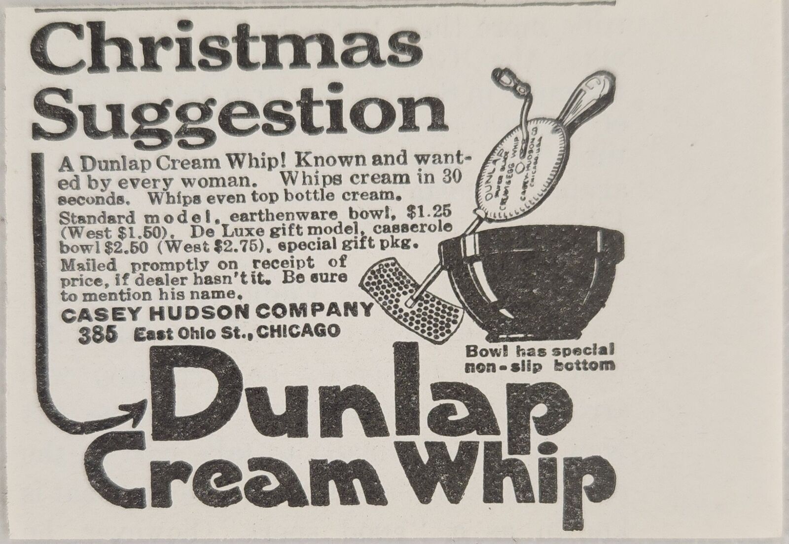 1921 Print Ad Dunlap Cream Whips Cream in 30 Seconds Casey Hudson Chicago,IL