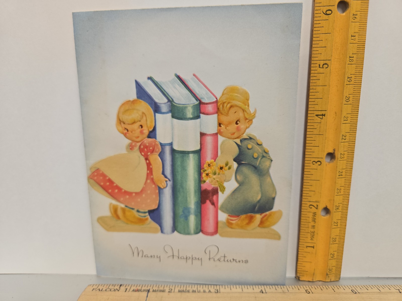 Boy Girl Bookends Books Novels Happy Birthday Card VTG 1940\'s 1944 Nat\'l Ptg USA