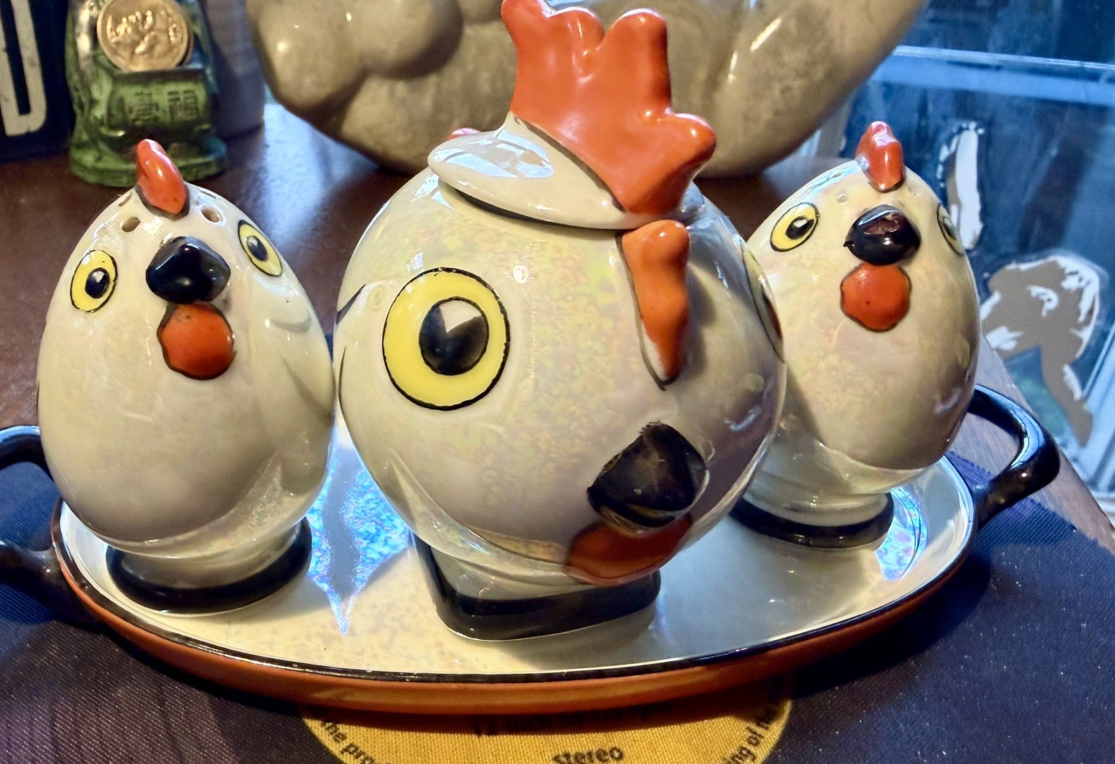 Vintage Art Deco Noritake Lusterware Chick & Hen Condiment Set - 5pc Complete