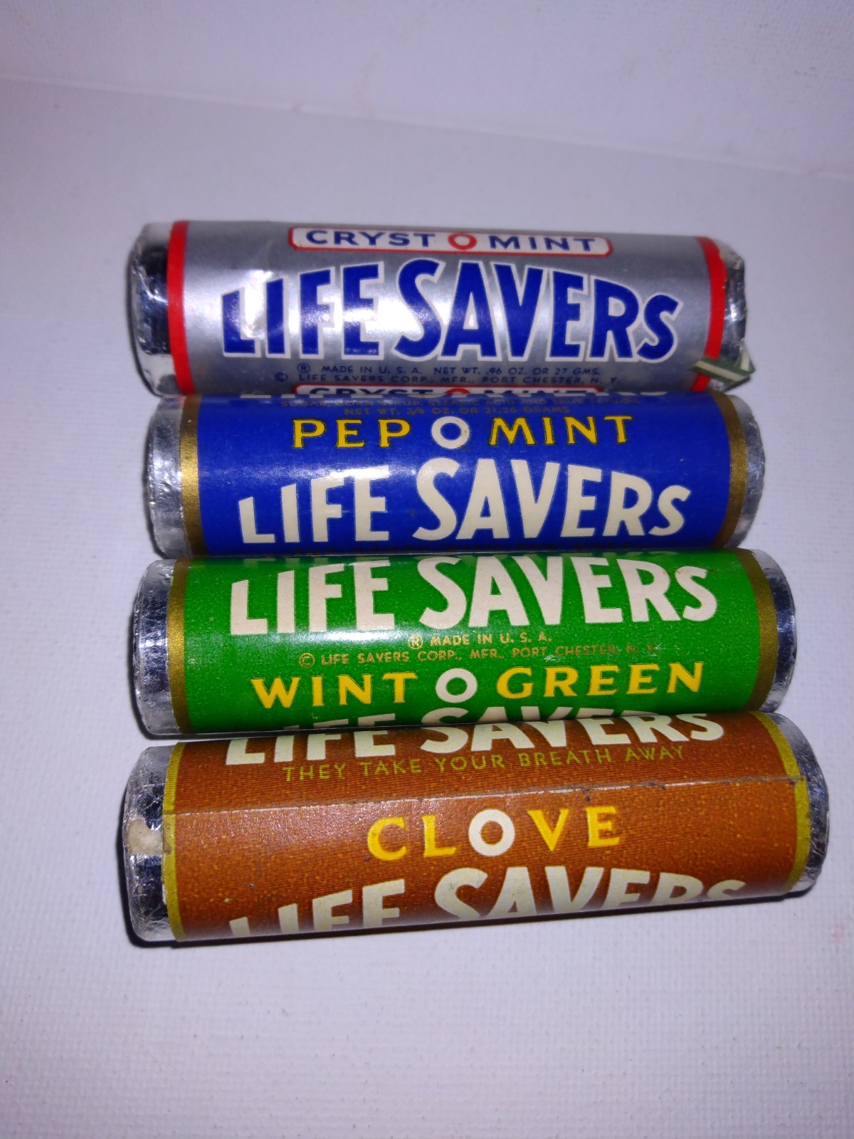 4 VINTAGE ROLLS LIFE SAVER CANDY CLOVE CRYST-O-MINT PEP-O-MINT WINT-O-GREEN 4 VINTAGE ROLLS LIFE SAVER CANDY CLOVE CRYST-O-MINT PEP-O-MINT WINT-O-GREEN