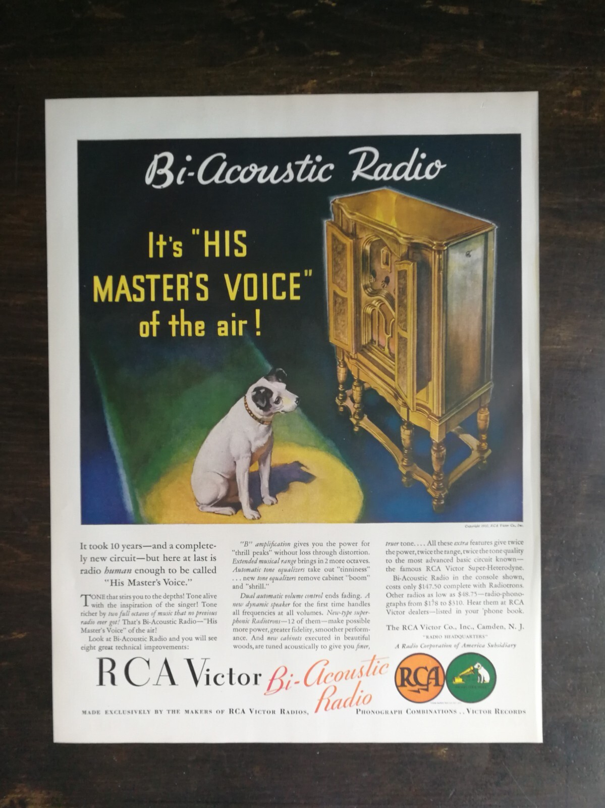 Vintage 1932 RCA Victor Bi-Acoustic Radio Full Page Original Ad 424