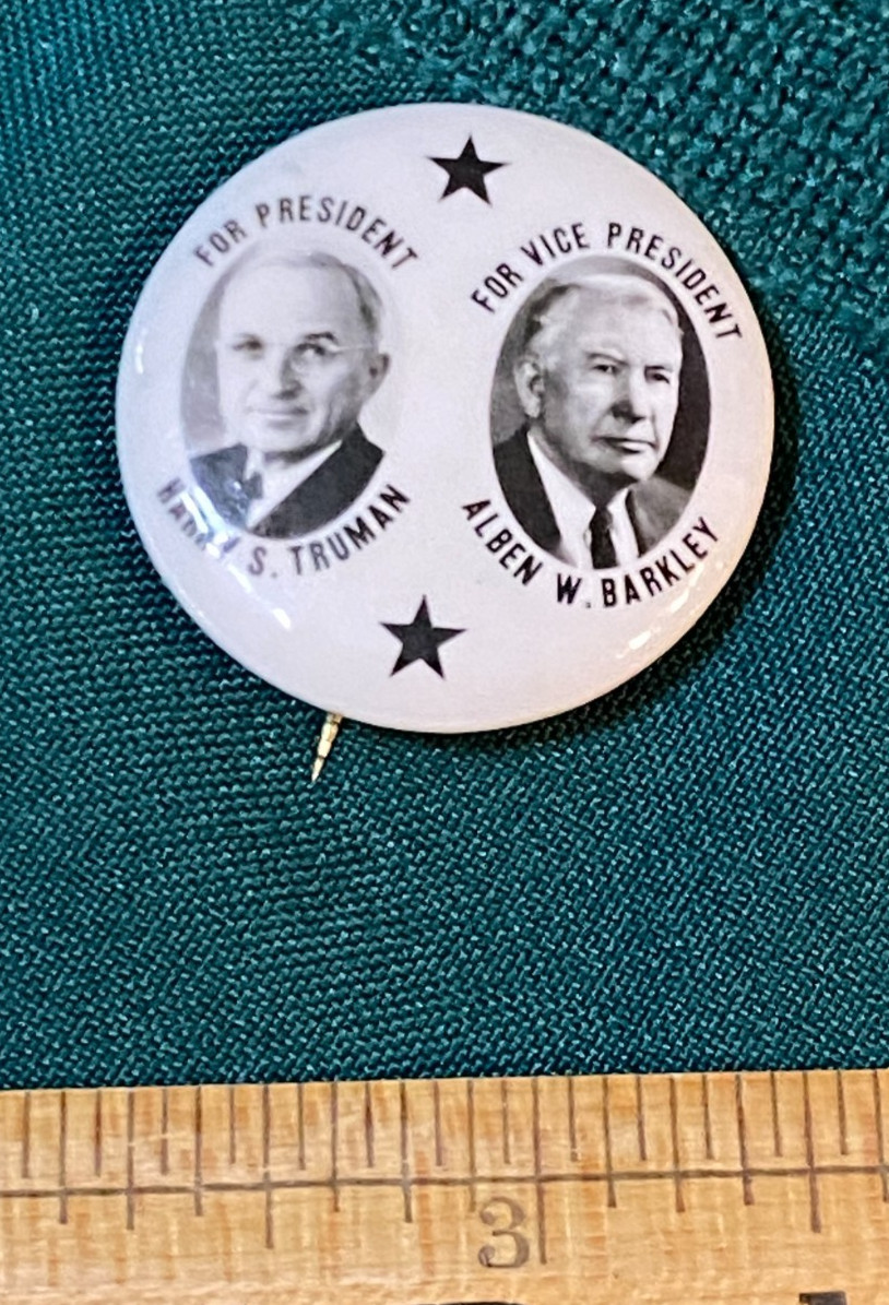 1948 TRUMAN BARKLEY*JUGATE*CAMPAIGN PINBACK BUTTON-EMRESS NOVELTY*SCARCE*EXC CON