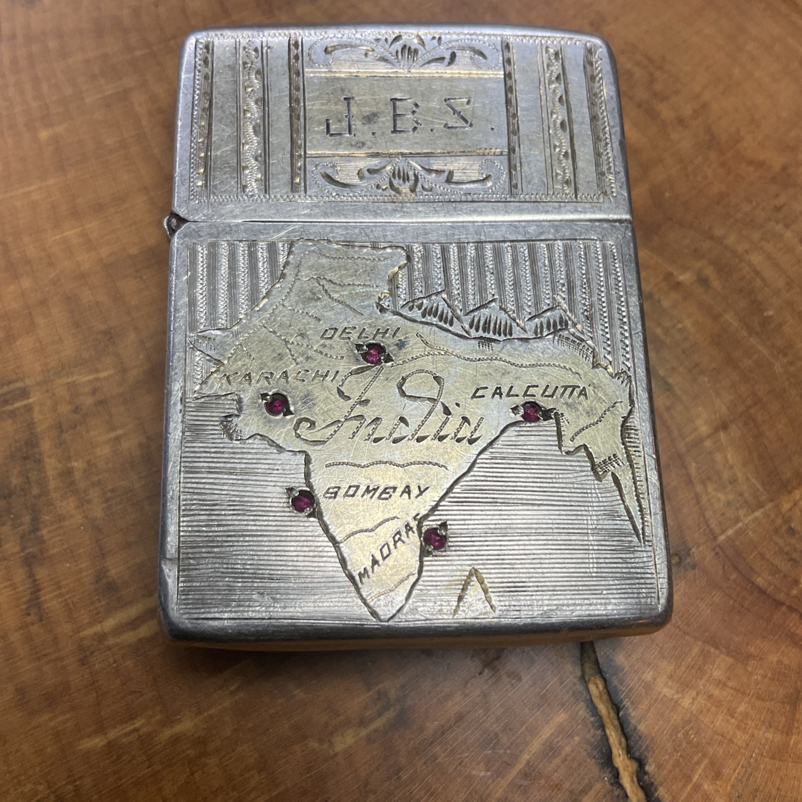 Rare Vintage Engraved Sterling Silver with rubies Lighter Zippo WW2