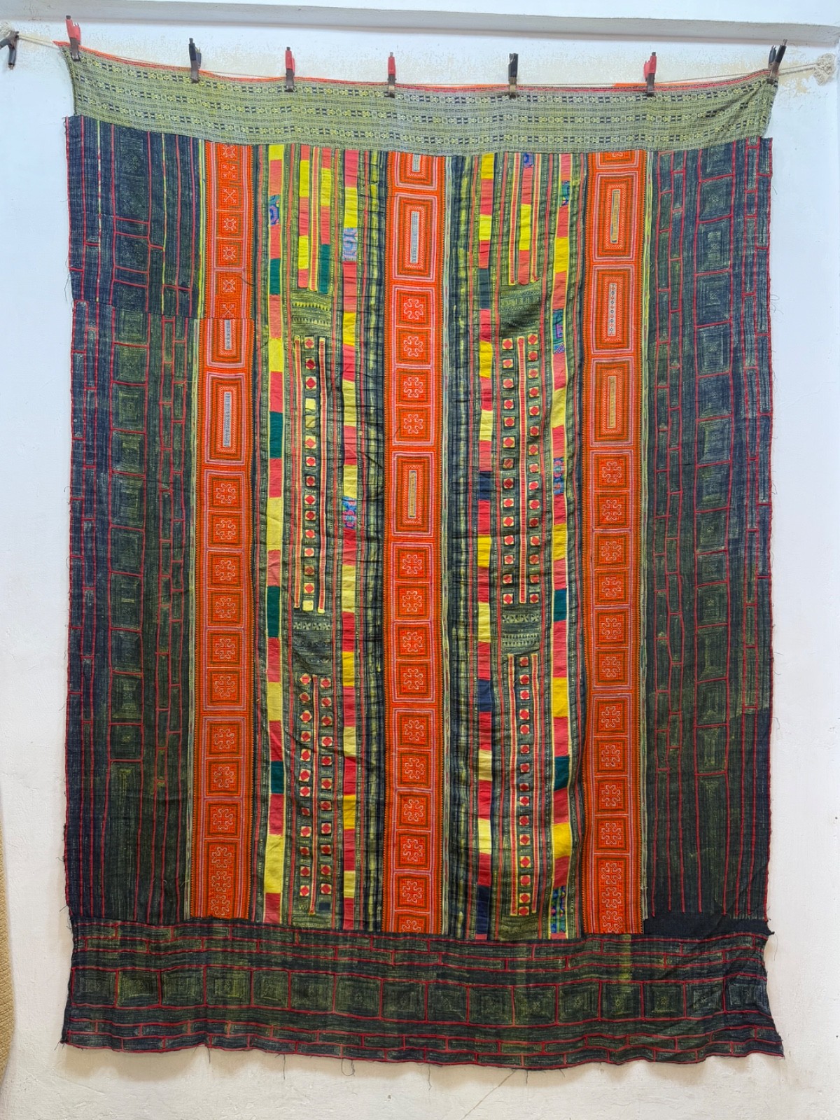 Vintage Hmong Batik And Hand Embroidered South East Asia Fabric Textile Cloth 