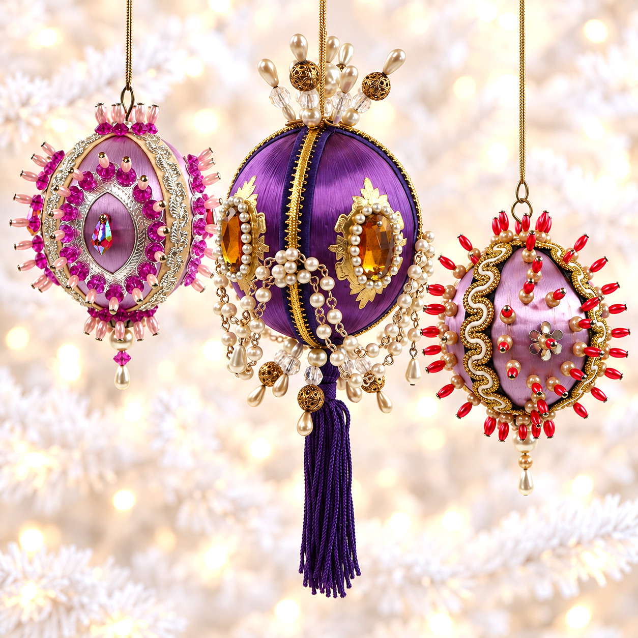 3 Vtg Beaded Push Pin Xmas Ornament Lot MCM Purple Satin balls jeweled pearl