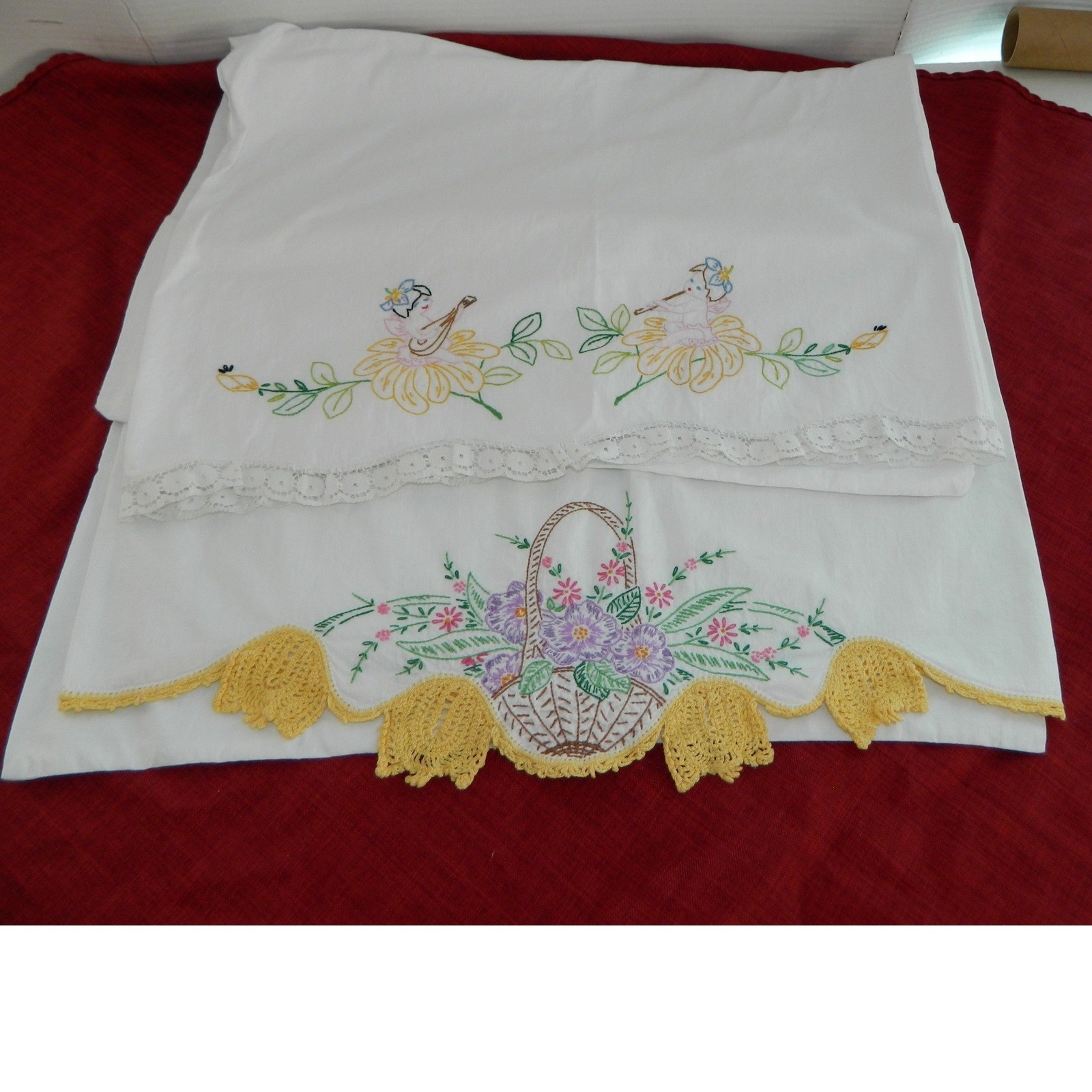 Vintage Hand Embroidered Pillowcase Set Standard White Floral Fairy Grandmacore