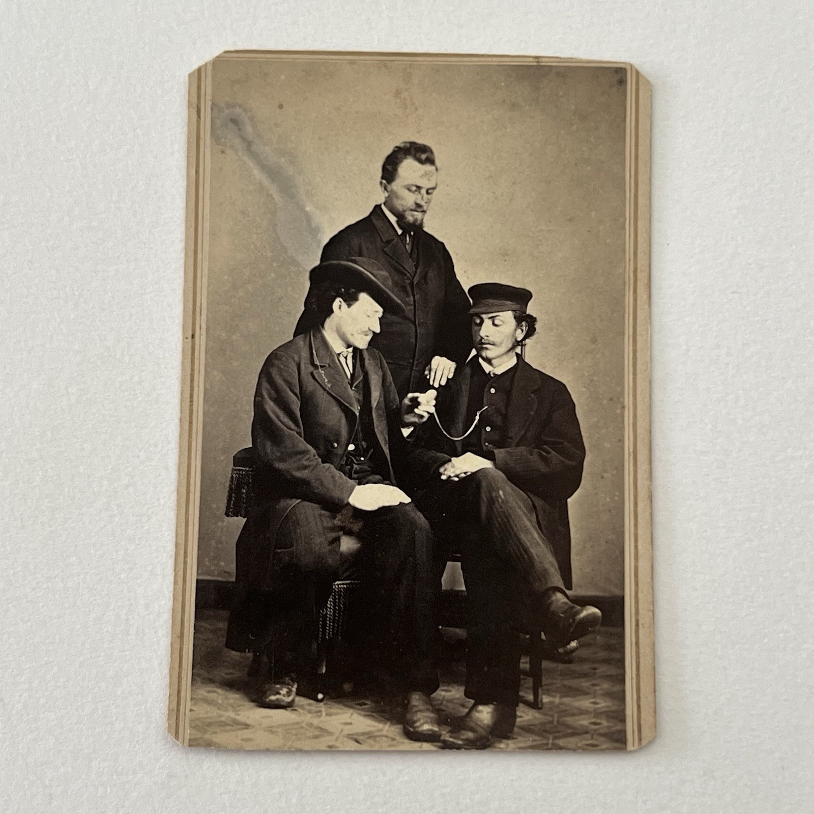 Antique CDV Photograph Handsome Young Men Watch Folk Art On Back Tiffin OH