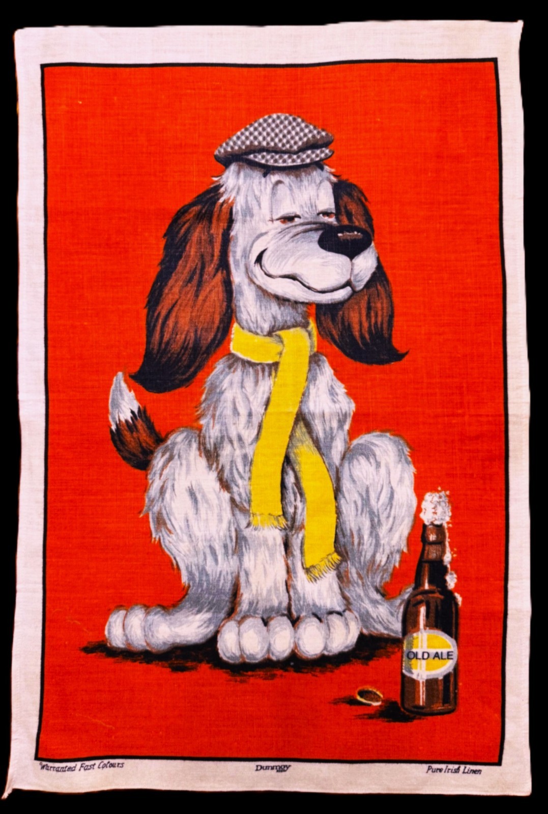 NWOT Vtg. DUNMOY Linen Tea Towel Wall Art BOOZY DOG & OLD ALE BOTTLE