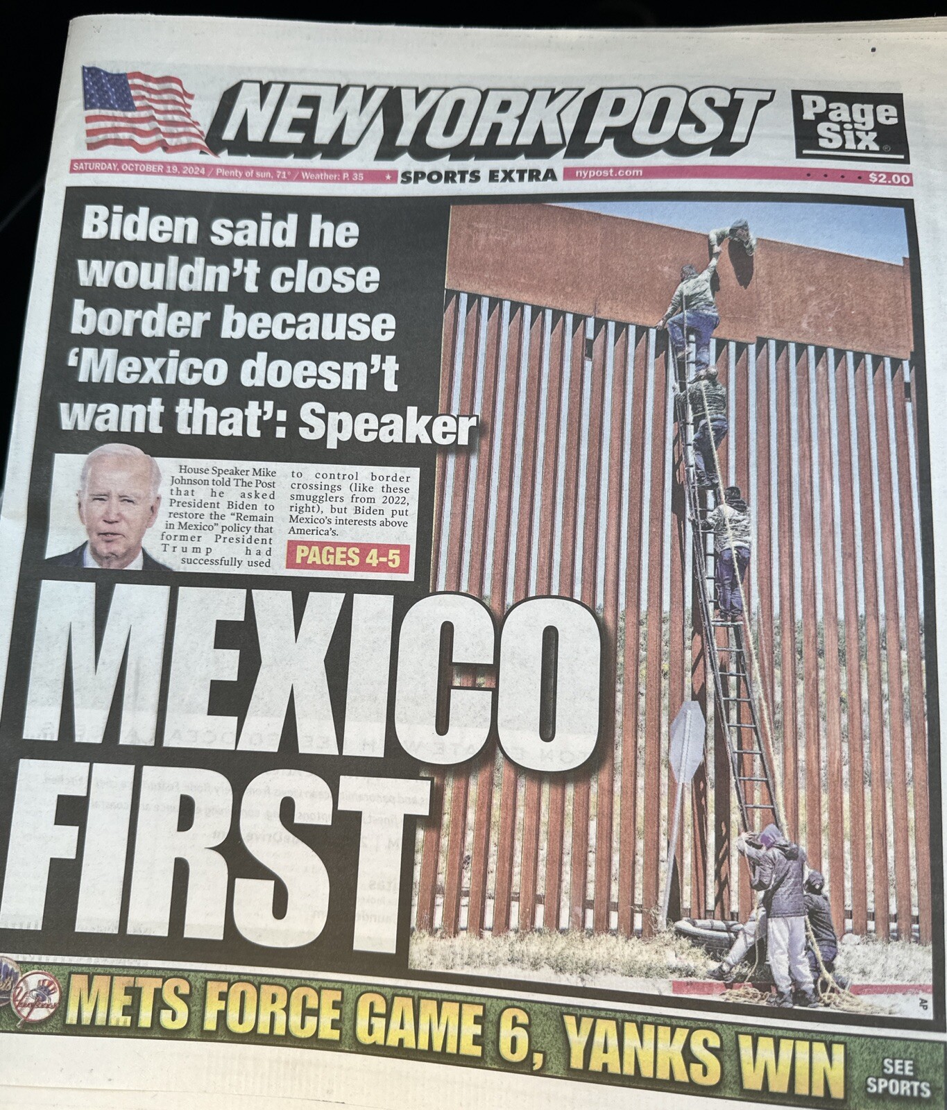NEW YORK POST  Newspaper   SATURDAY OCTOBER 19/2024/  MEXICO FIRST
