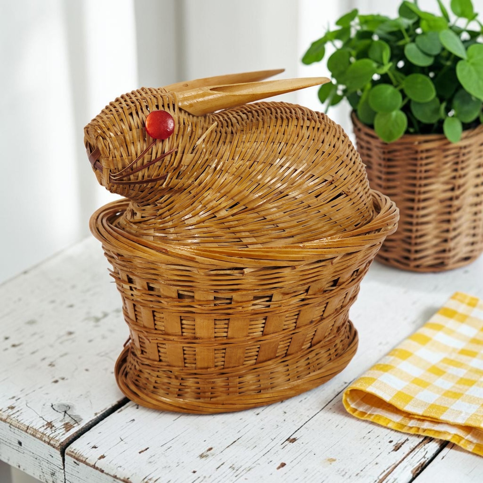 VTG Woven Wicker Rabbit Bunny On Nest Lidded Basket Country Farmhouse Easter 6