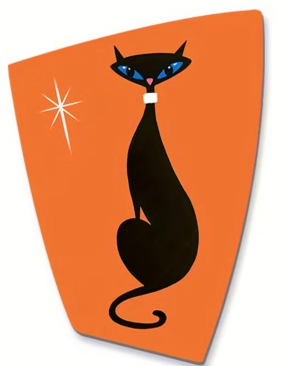 Retro Med-Century Atomic Style Black Cat Wooden Decor-NEW 5x8 Retro Med-Century Atomic Style Black Cat Wooden Decor-NEW 5x8
