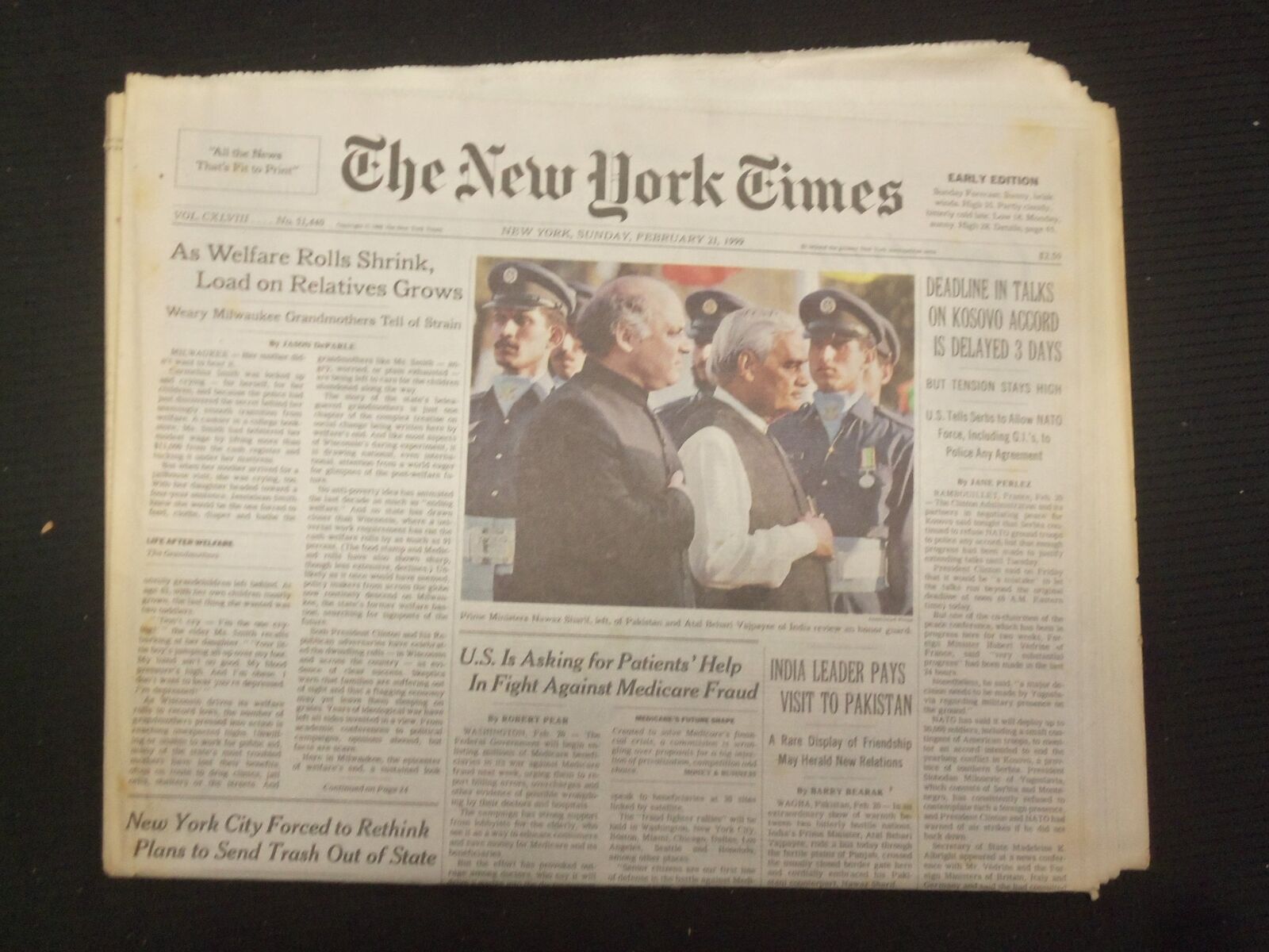 1999 FEB 21 NEW YORK TIMES NEWSPAPER -DEADLINE ON KOSOVO TALKS DELAYED - NP 7006