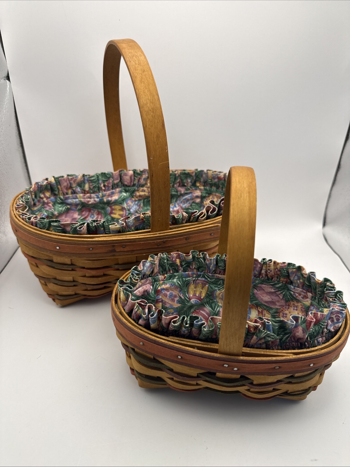 Lot of 2 Longaberger Woven Baskets with Fabric Liners & Handles Vintage