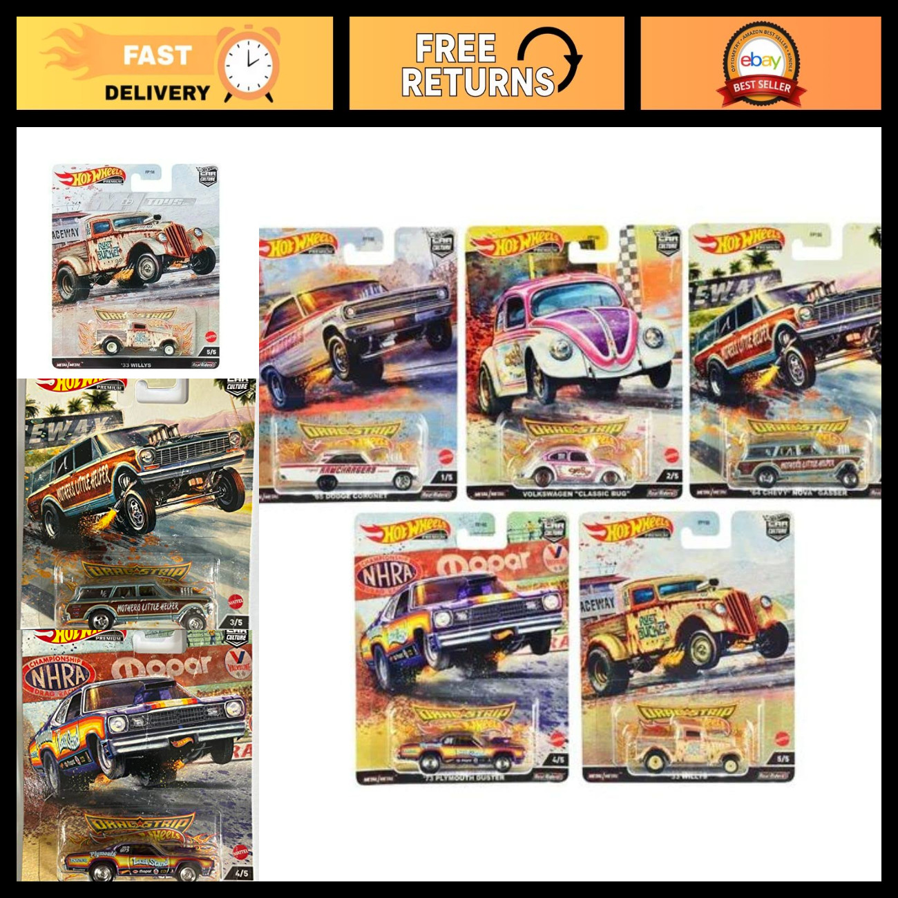 Hot Wheels Car Culture 2022 Dragstrip Demons Complete Set of 5 Die‑Cast Vehicles