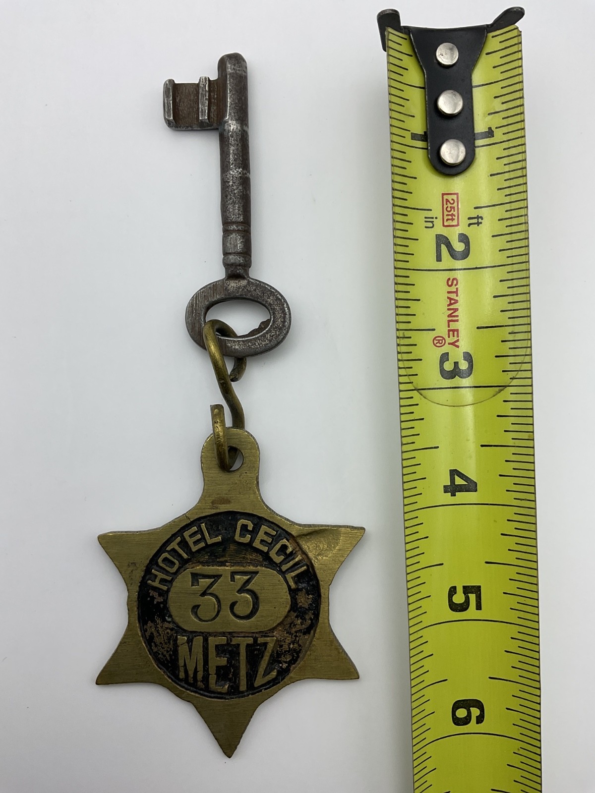 RARE ORIGINAL HOTEL CECIL METZ FRANCE SKELETON ROOM KEY AND FOB #33