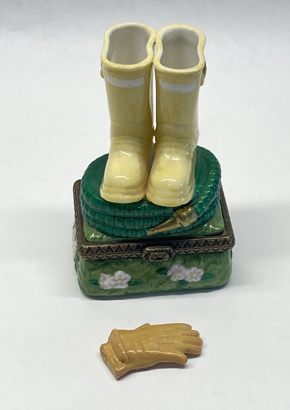 Vintage PHB Collection Porcelain Hinged Box Yellow Garden Boots 3