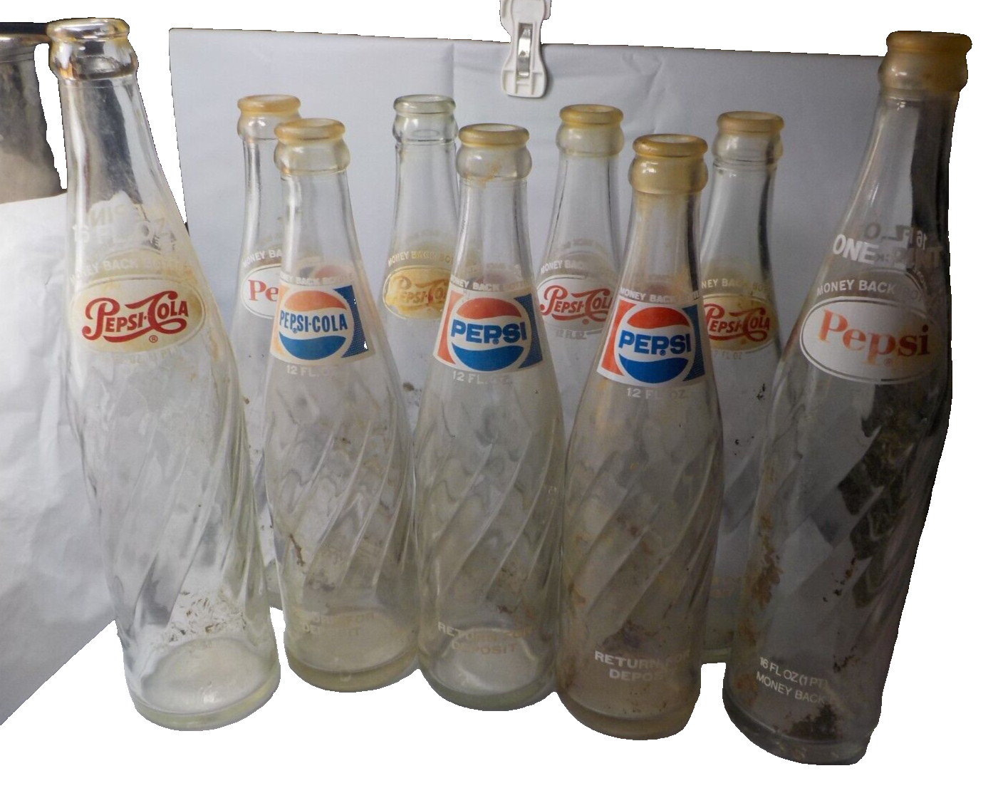 Multiple lot 9 vintage Pepsi cola bottles 12 oz. / 16 oz. / one pint