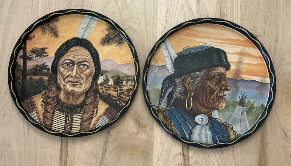 Vintage 1970s Native American Elder Portrait Wall Trays Pair 11\