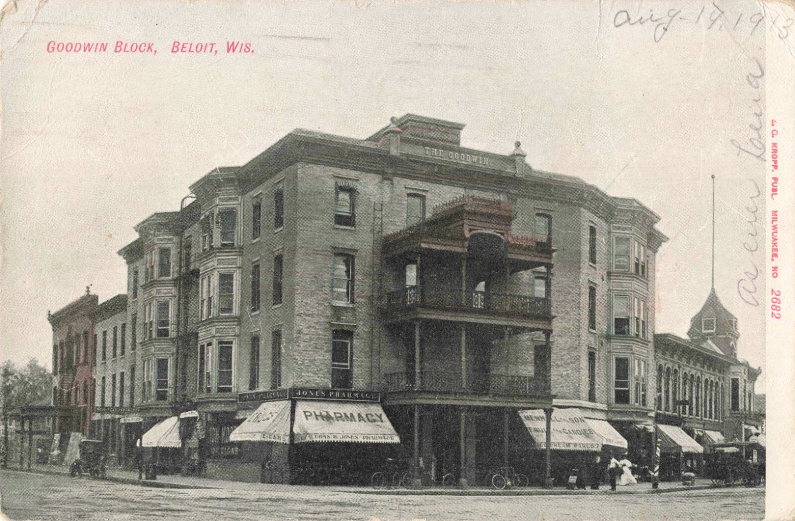 Goodwin Block Beloit Wisconsin WI Pharmacy Candy Store 1913 Postcard