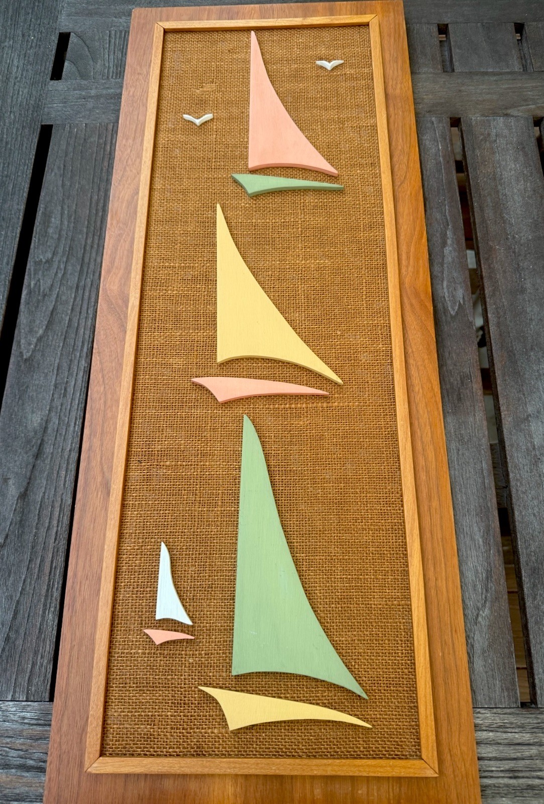 Vintage 1960s MCM 3D Wood Sailboat Wall Art Burlap Nautical Mid Century Modern