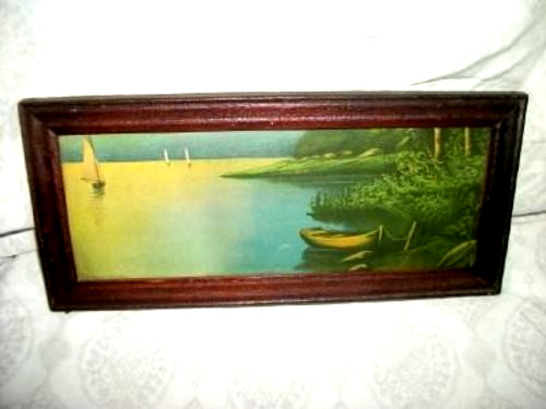 Victorian Miniature Chromolithograph Print Alligatored Frame Boats Lake 1905