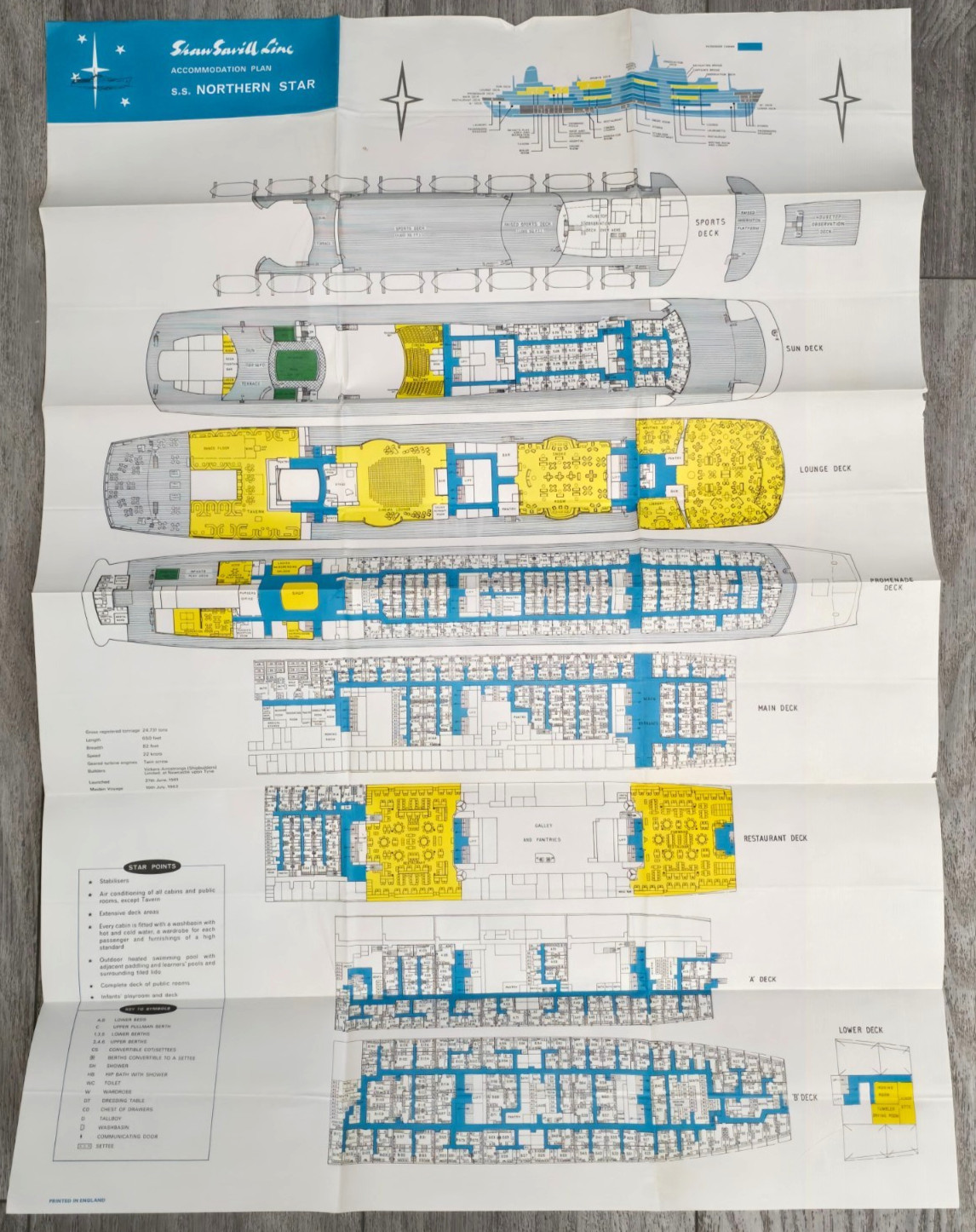 Shaw Savill Line SS Northern Star Accommodation Deck Plan Cruise Ship 34x24