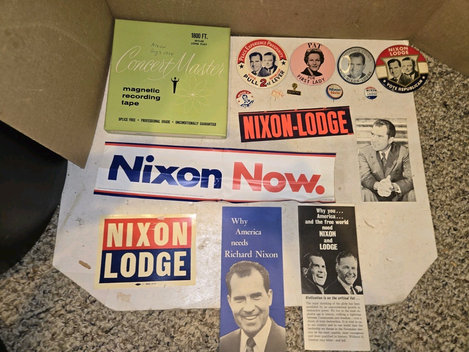 16 Vintage 60s/70s Nixon Politics Political Buttons,Reel To Reel Tape,Pins,etc.