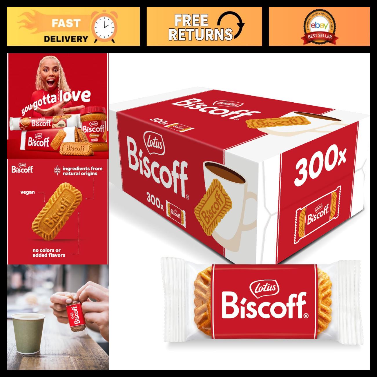 Lotus Biscoff Caramelised Biscuits, 300 Individually Wrapped Packs, Vegan