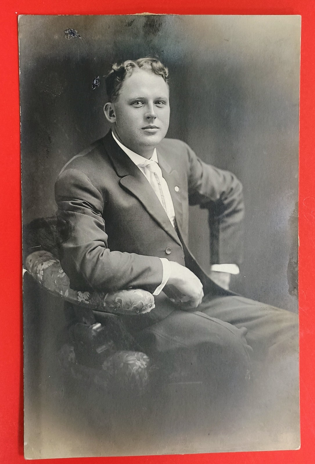 RPPC Handsome Young Man Sitting On Chair Confident Pose Beautiful Eyes