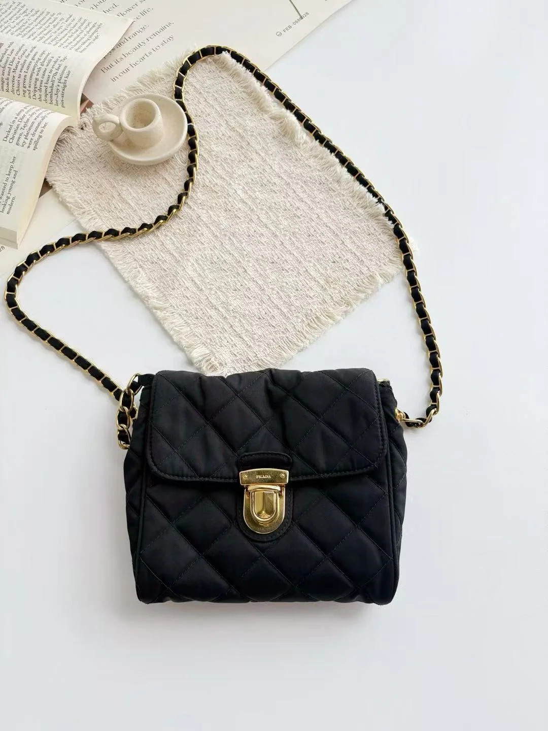 Pre-Owned Prada Nylon Chain Crossbody Bag in Black