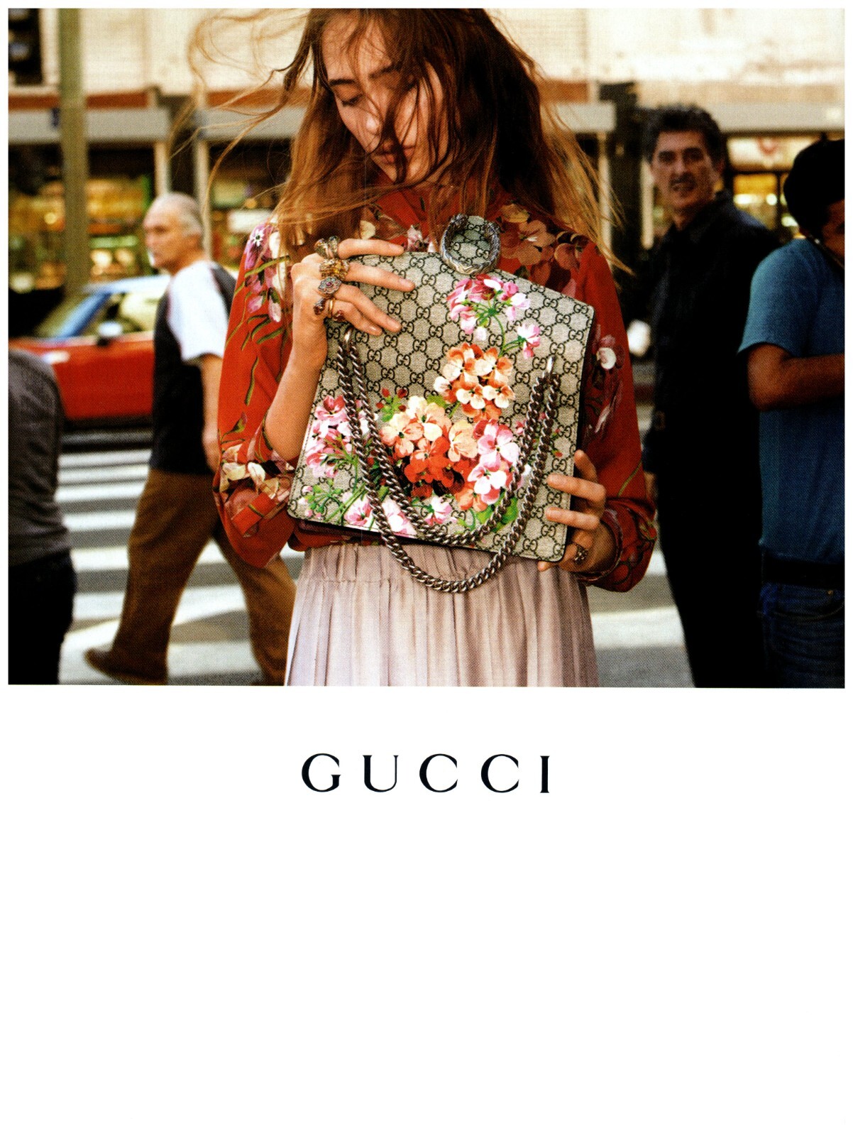 2015 Gucci Print Ad, Model Lia Pavlova LA Street Pinup Dionysus Bloom Print Bag