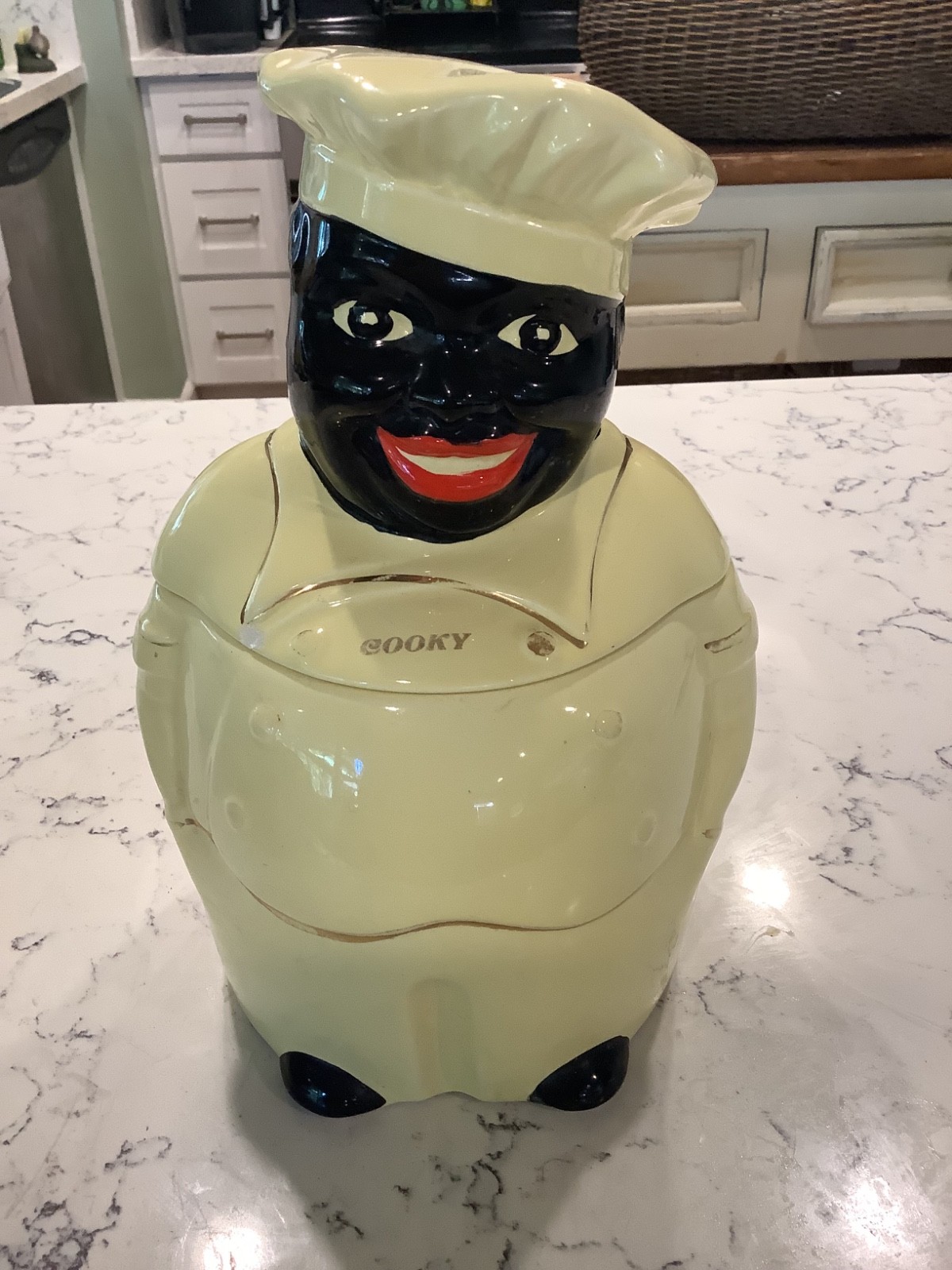 Vtg 1940\'s Pearl China Co. Hand Decorated 22kt Gold “Cooky”Americana Cookie Jar