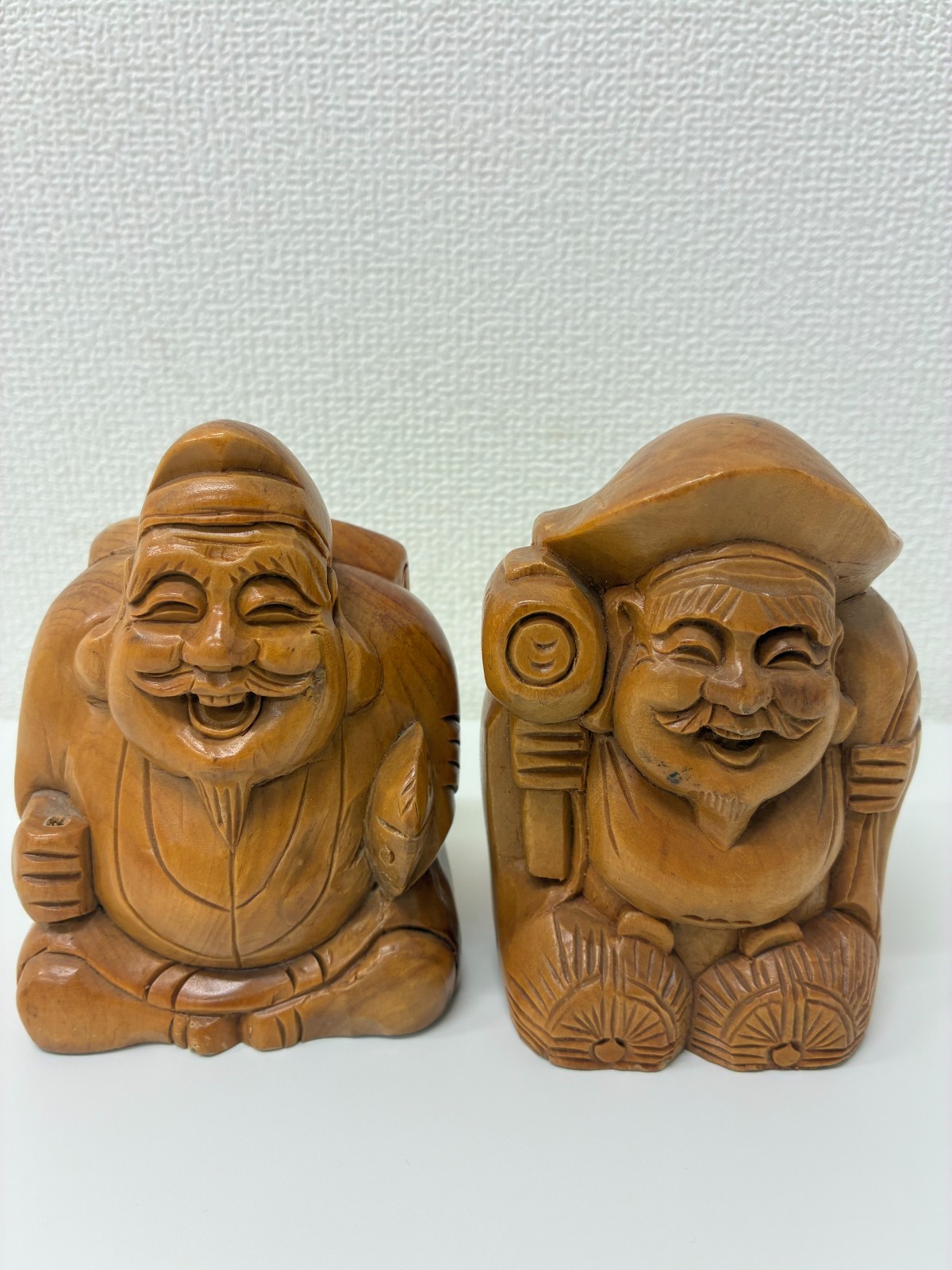Vintage Japanese Wooden Ebisu & Daikokuten Statues Seven Lucky Gods Carving Set