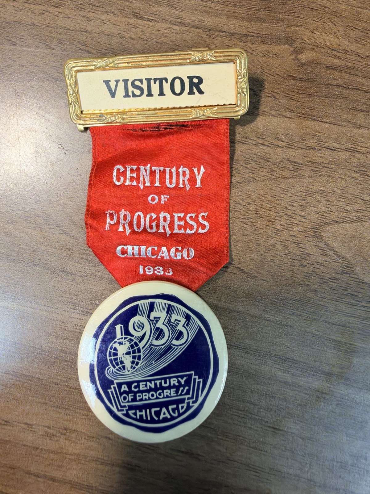 Antique 1933 Worlds Fair Souvier Ribbon Pin Chicago. A Century Of Progress.