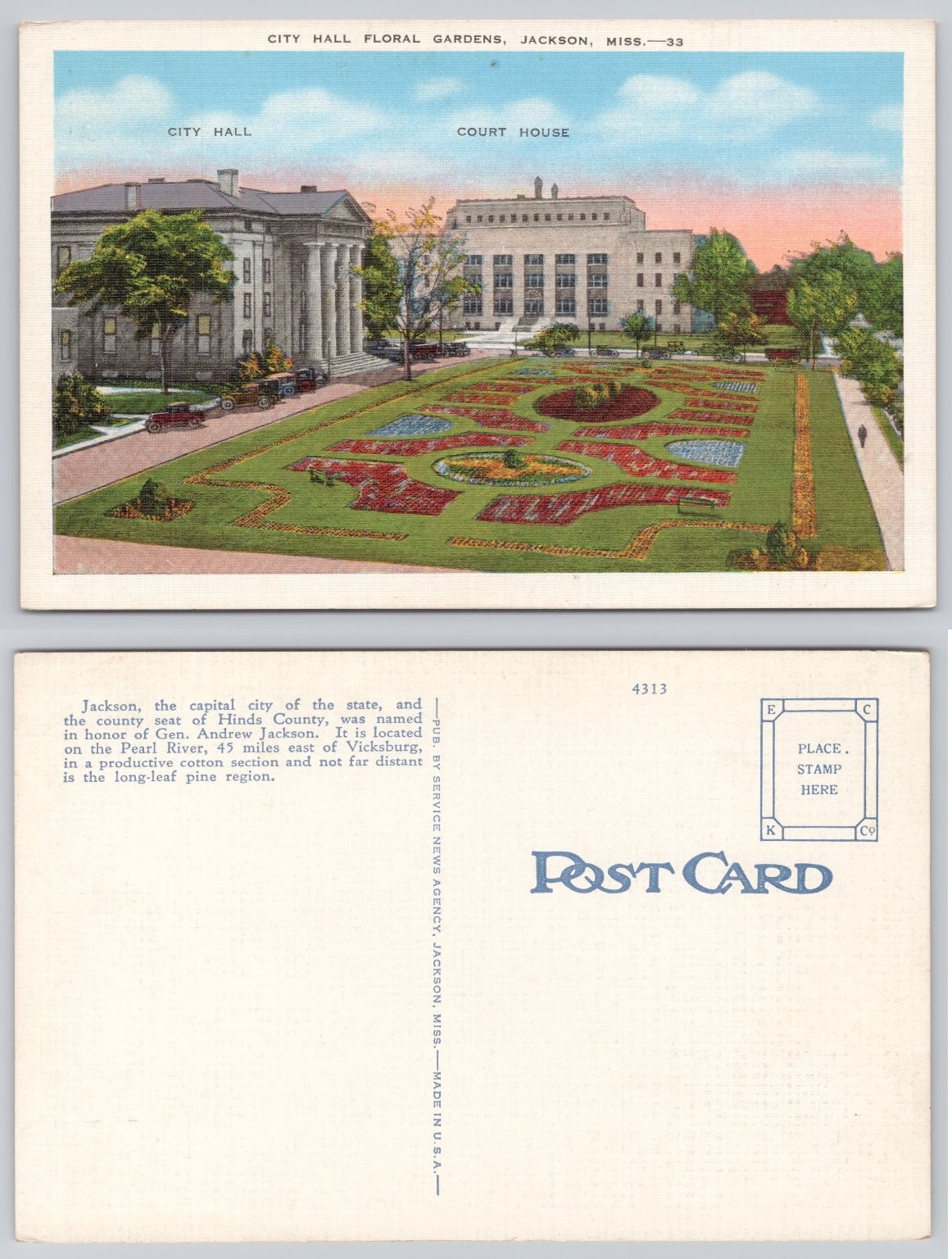 Jackson MS City Hall Floral Gardens Court House Linen Postcard 1930s-40s