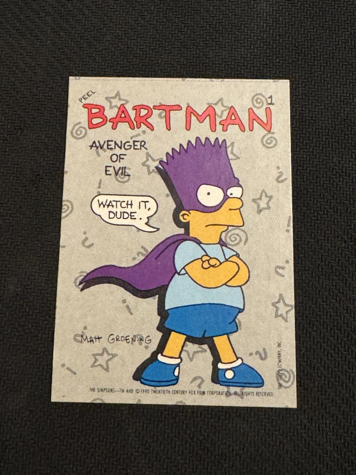 1990 Topps The Simpsons Bartman Avenger of Evil #1 Sticker Bart Watch It Dude