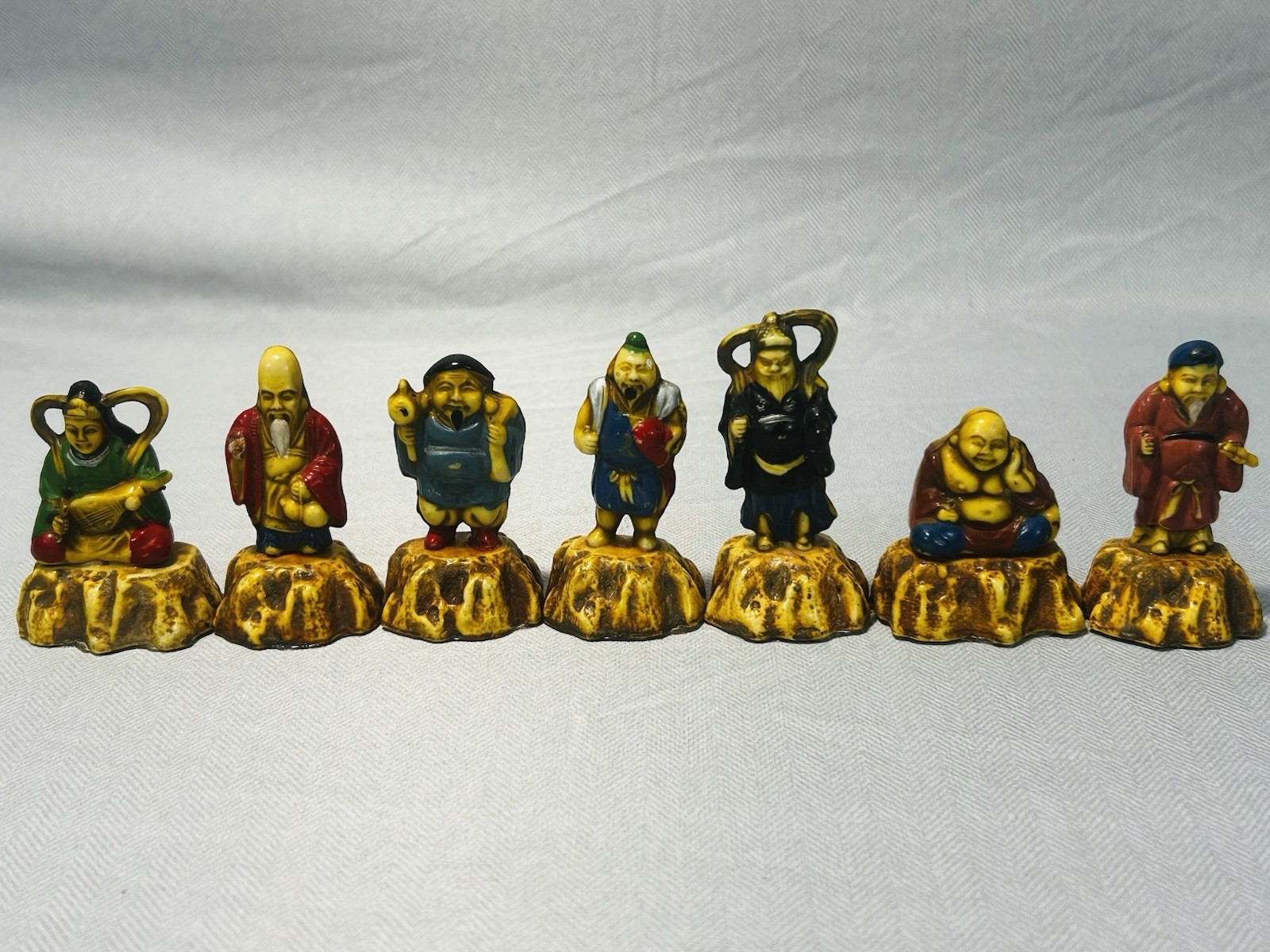 Vintage Japanese Seven Lucky Gods Shichifukujin Set 7 Numbered Hand Painted