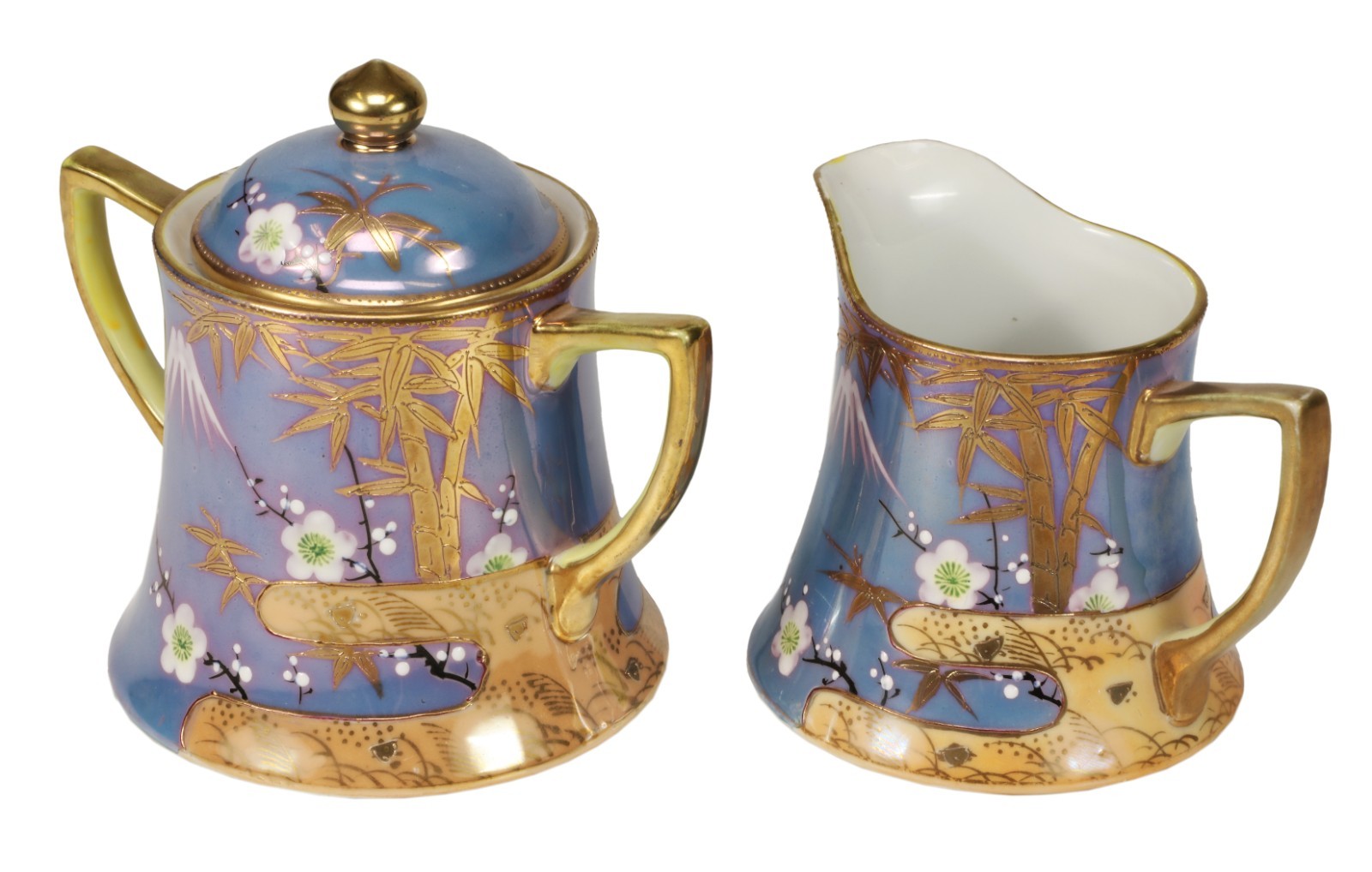 Antique Mitsu Boshi Japan 3 Star Sugar Creamer Set Hand Painted Mt Fuji Gold