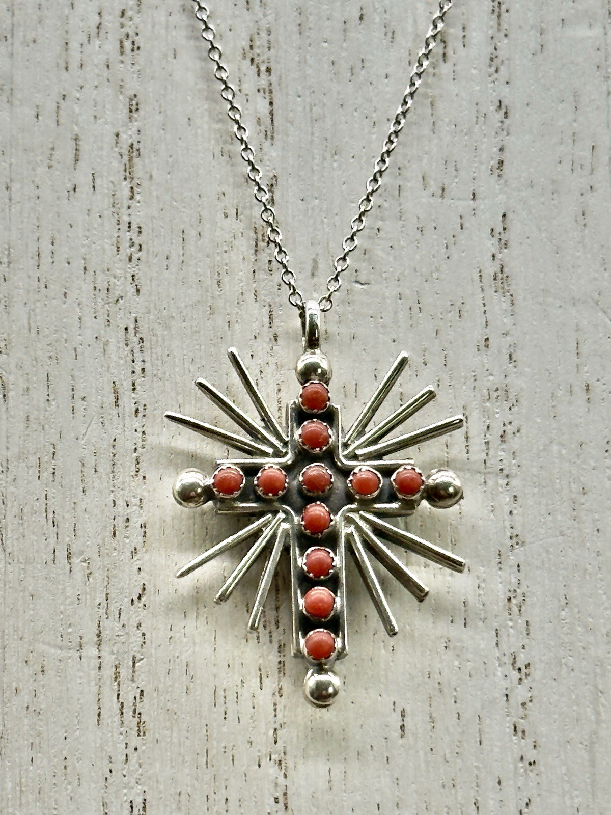 Vintage Zuni Native American Reversible Sunburst Cross Pendant Necklace, 21.5”L