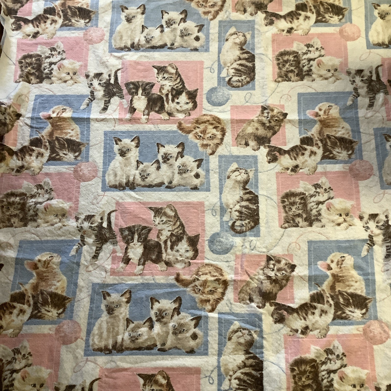 Vintage Owen Cozy Kittens Flannel Blanket 69 X 85 Pink & Blue Some Balling
