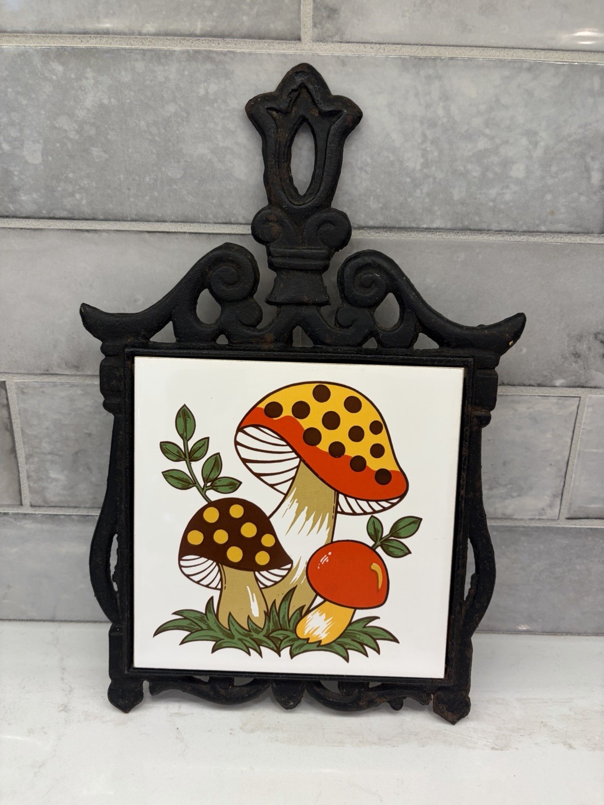 Vintage 70s Merry Mushroom Tile Cast Iron Trivet Pot Holder Sears Roebuck Retro