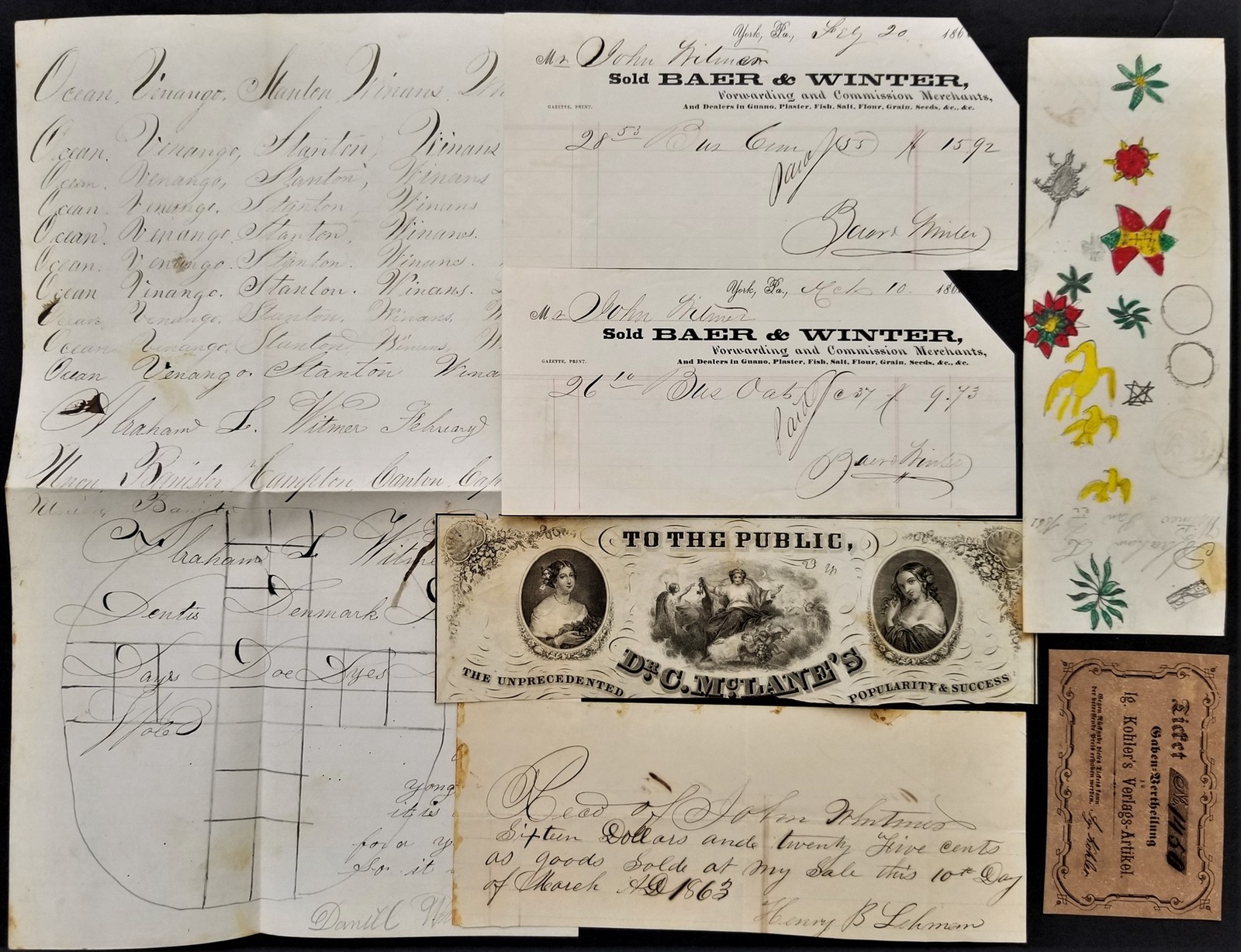 LOT 1860s antique FRAKTUR york pa WITMER FAMILY EPHEMERA handwritten receipt art