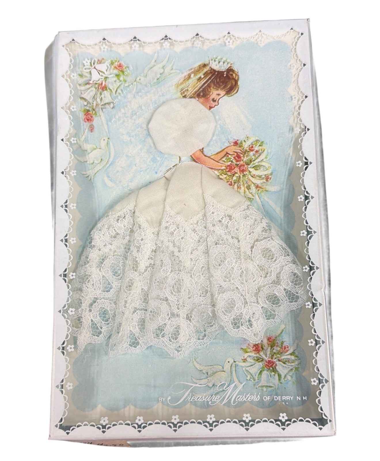 Vintage Treasure Masters Bride Greeting Card With Lace Handkerchief Dress In Box