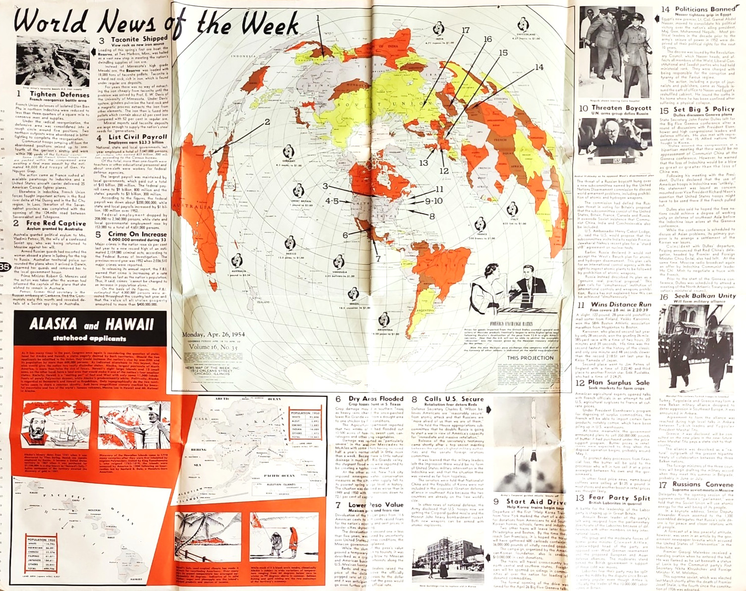 1954 World News Of The Week Global Map Cold War Political Poster Foldout 47x36\