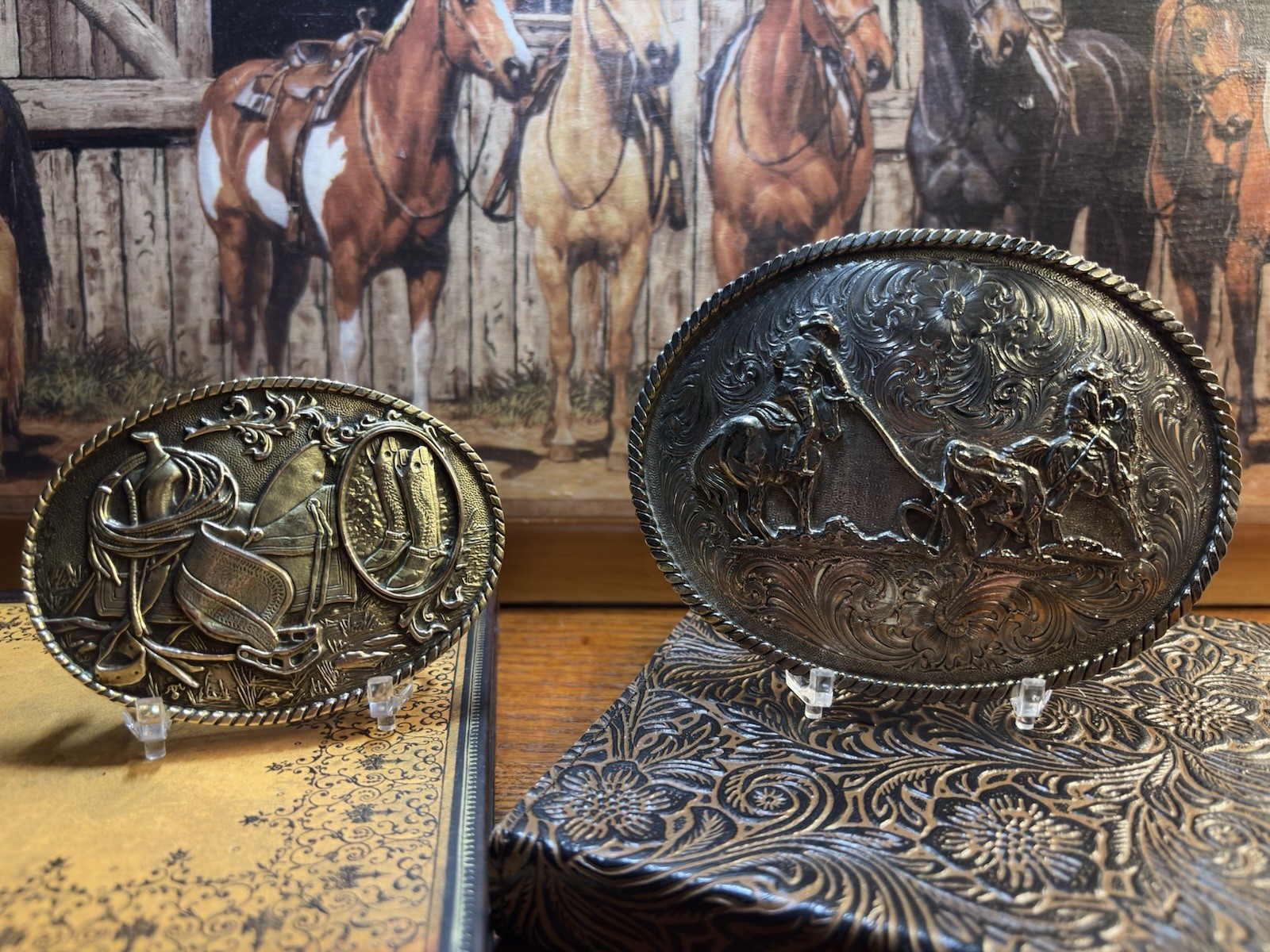 Lot Of Two Vintage Western Belt Buckles From Montana Silversmiths Silver Gold