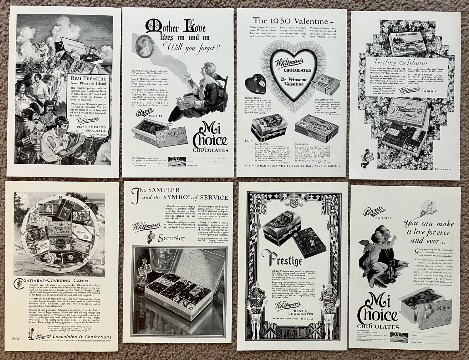 Vtg 1930\'s Whitman\'s & Bunte Chocolate Candies Sampler Print Ads Lot of 8
