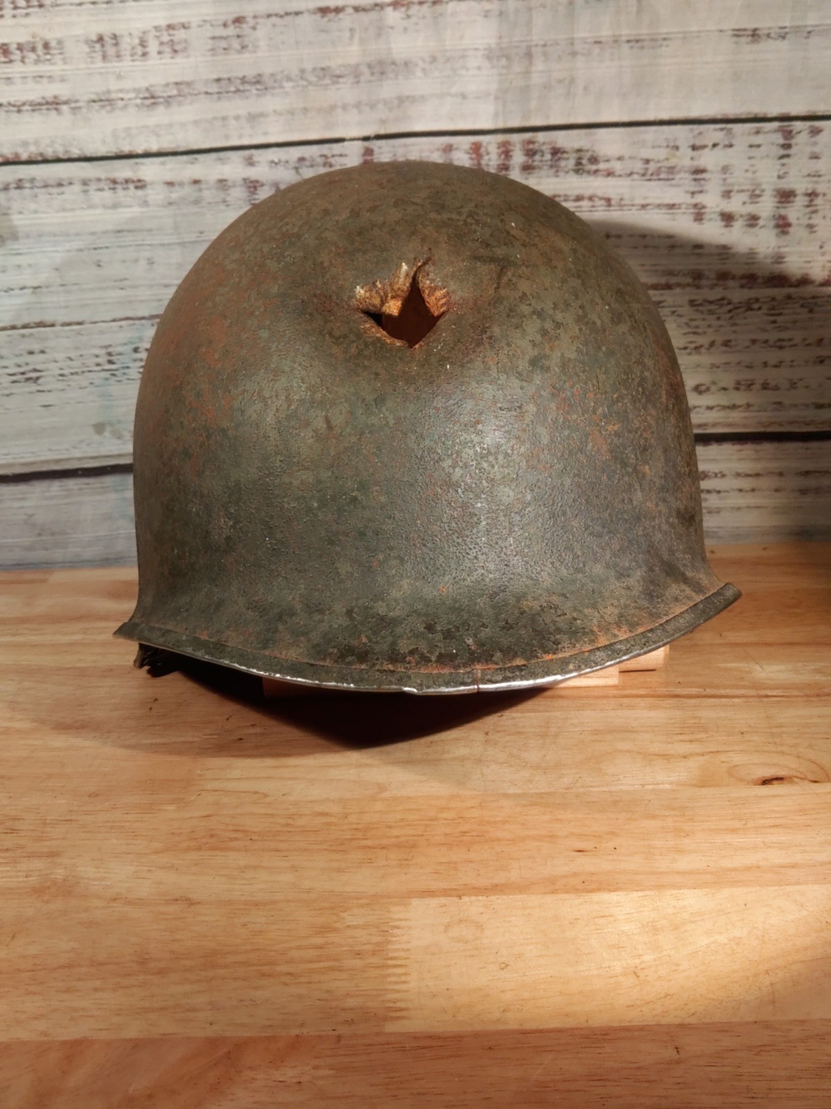 WWII US M1 Steel Helmet Shell Front Seam Swivel Bale Battle Damaged Relic Pot