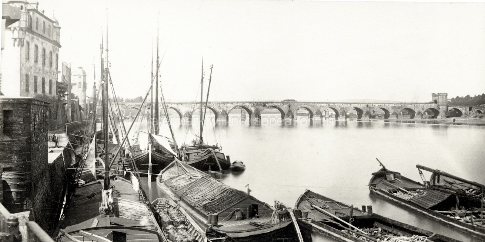 Coblenz Germany Boats River Stone Bridge Harbor Scene Vtg. Photo 19thC.